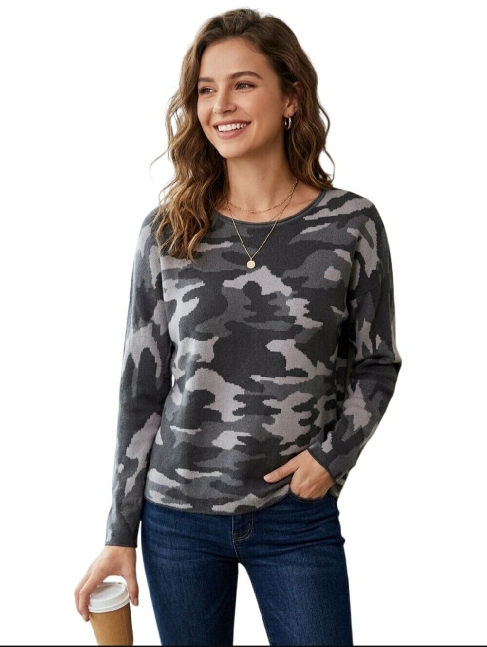 Rachel Zoe Camo Cashmere Blend Scoop Neck Sweater Size M